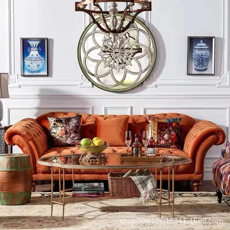 American retro buckle living room hotel B & B studio medieval fabric flannel single double three creative leisure sofa
