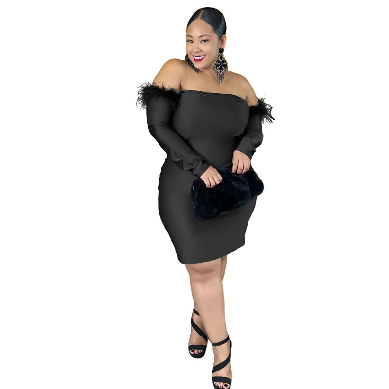 WSFEC XL-5XL Plus Size Dresses Winter Fall Women Clothing Solid Long Sleeve Feathers Strapless Bodycon Sexy Club Party Dress