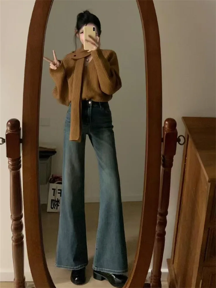 

Женские джинсы с высокой талией, широкими штанинами, свободного кроя, длинные, в стиле ретро, синие, расклешенные, из денима, весна-осень, в пол, американский стиль