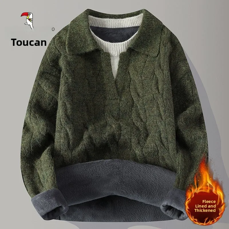 

Thiened Knitted Sweater with Fce Inner Collar Turn-down Collar Vintage Casual Sle Winter Wear for Teenage Boys TUCANO