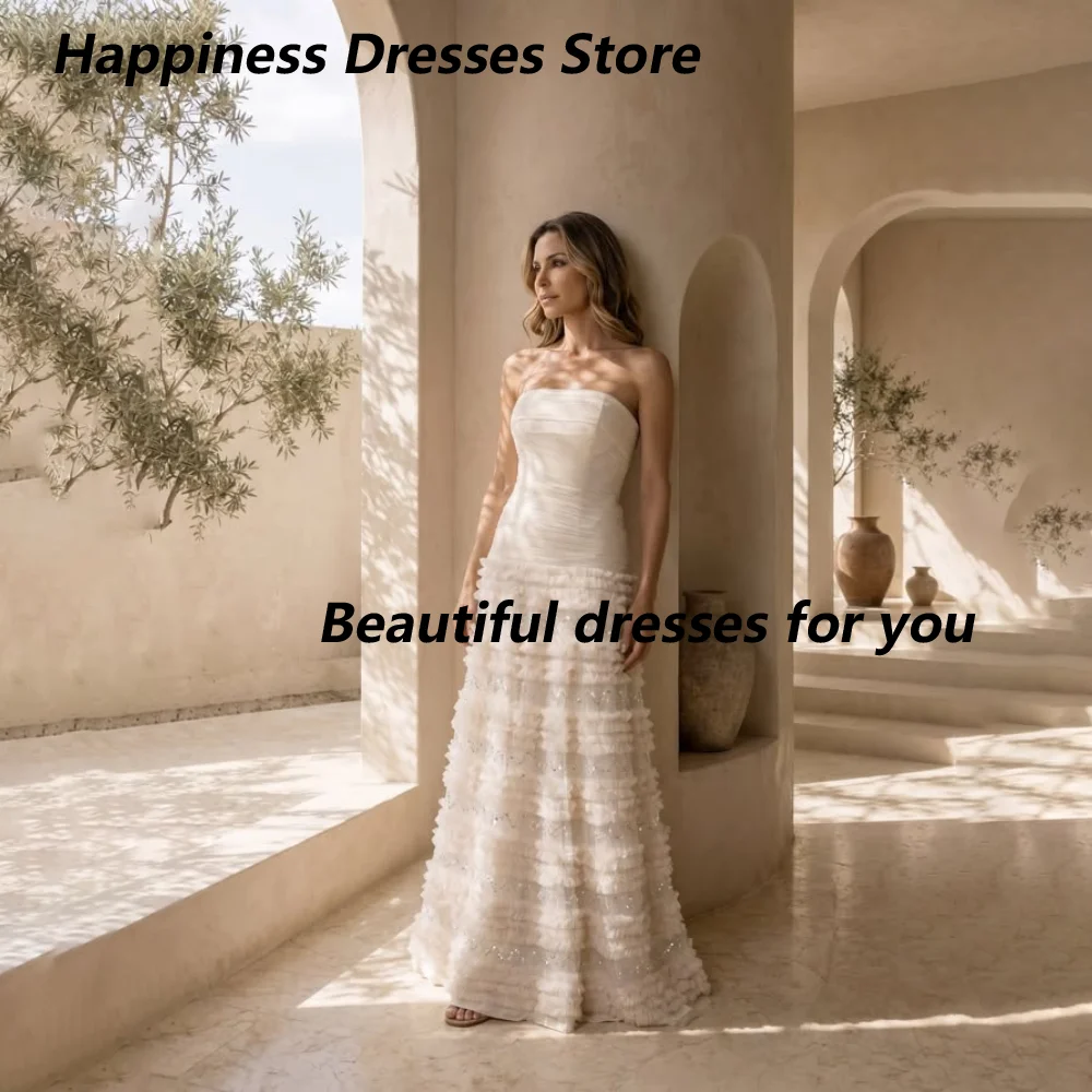 Customized Ivory Tulle Mother Of The Bride Gown Strapless Ruched Multi Layer Sequin Ruffle A-Line Floor Wedding Guest Dress