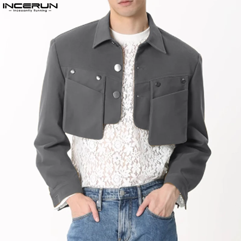 INCERUN Tops 2024 Korean Style Fashion Men Cropped Pocket Design Jackets Coats Male Personality Solid Long Sleeved Jackets S-5XL