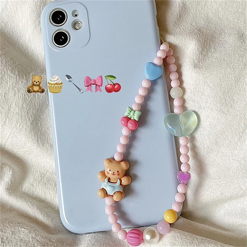 Korea Cute 3D Bear Cherry Heart Beaded Phone Chain Charm Lanyard For iPhone Samsung Huawei Universal Accessories Jewelry Pendant