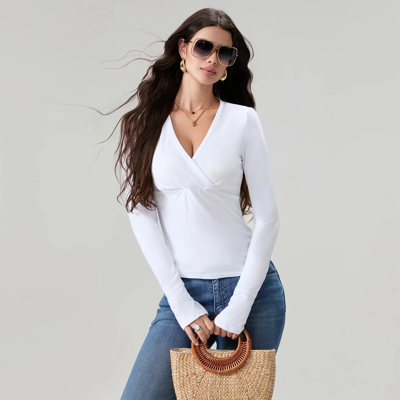 Women's Spring Fall Tops Solid Color Long Sleeve Wrap V-Neck