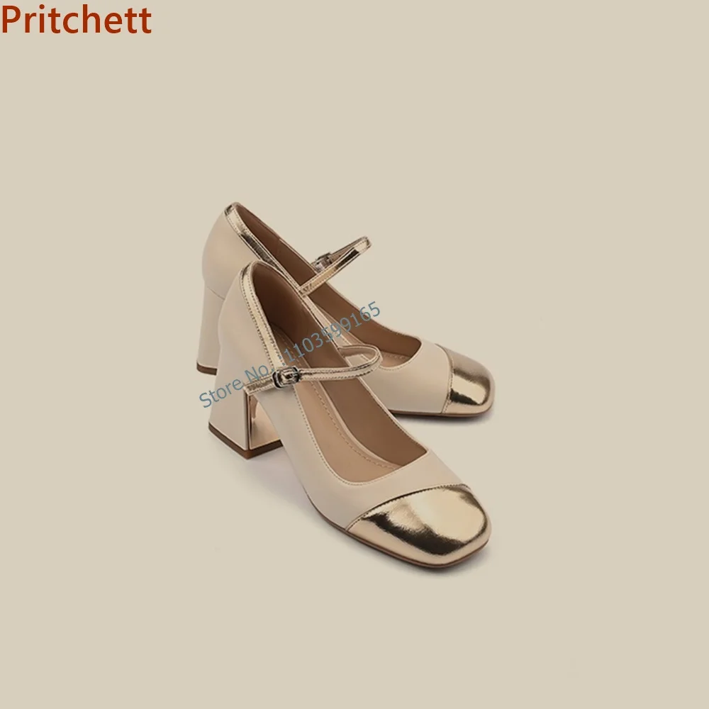 

Mixed Color Patchwork Pumps Sewing Square Toe Chunky Heel Buckle Strap Gold Beige Shoes Summer Mary Jane Elegant Dress Shoes