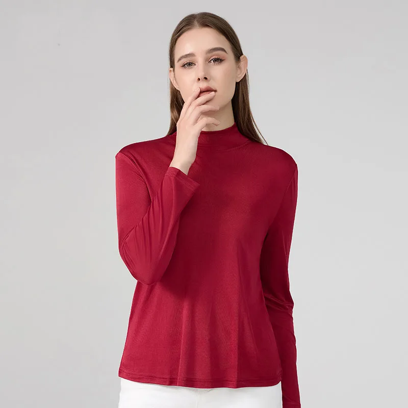 New Women 25% Real Silk Semi-High Neck Long Sleeve Base Layer 100% Mulberry Silk Loose Plus Size Solid Color Warm Top