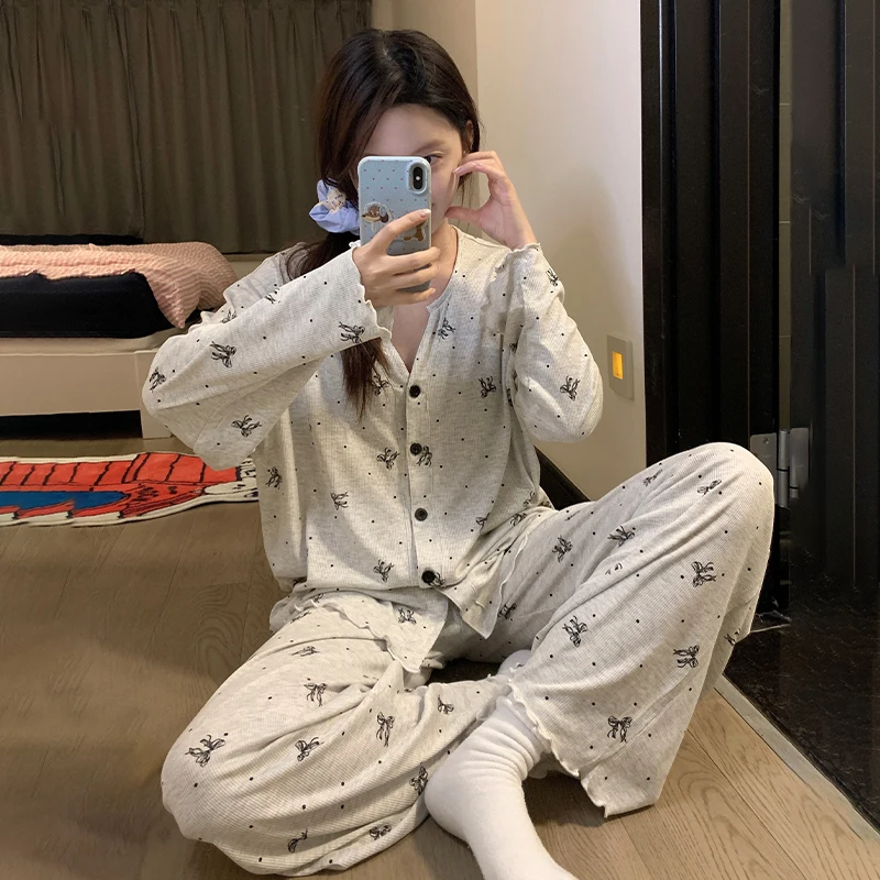 レトロフルプリント甘いちょう結びパジャマセット女性の夏のカーディガン長袖ズボンルーズホーム服スーツ