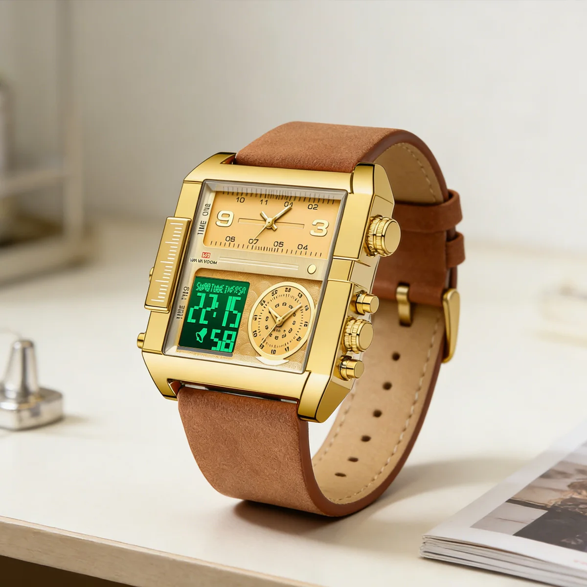 Men Electronic Watches Square 48mm Gold Case LED Dual Display Quartz Movement Leather Strap 3Bar Waterproof Sports Watch for Men