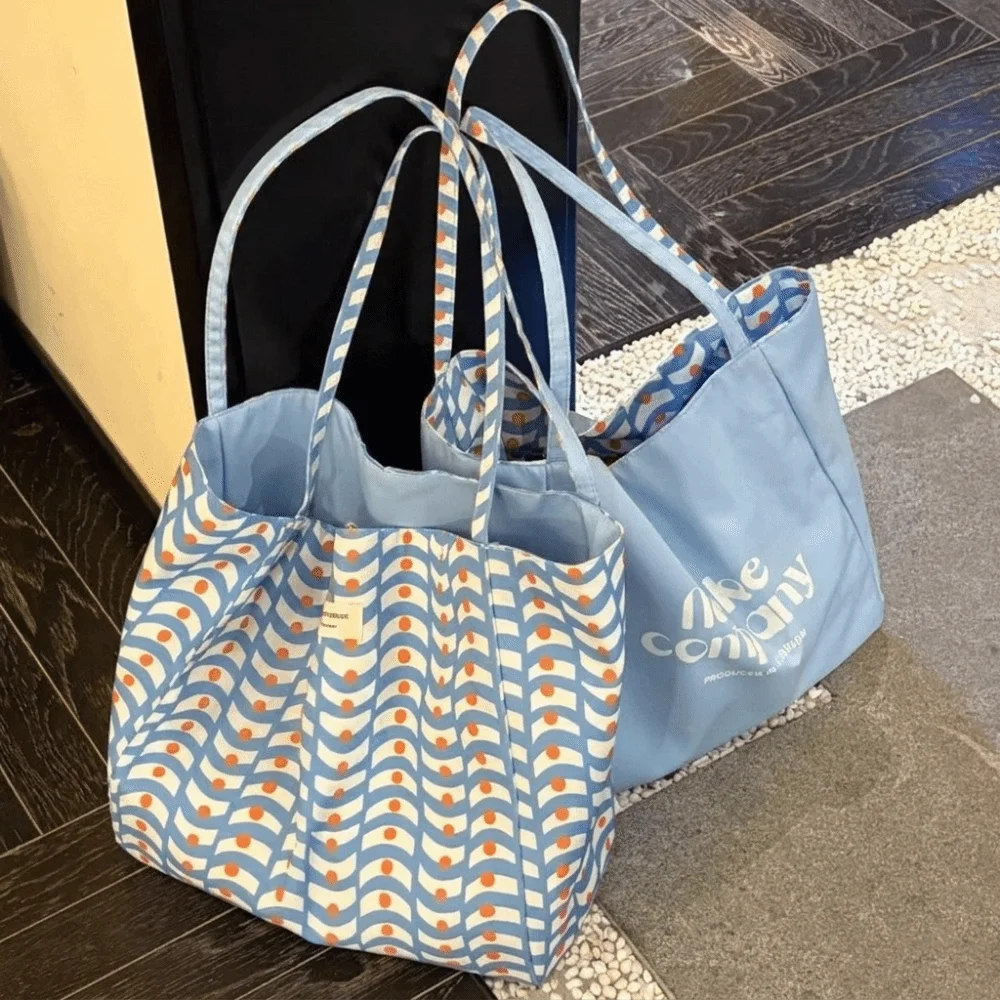 Polyester Double Sided Reversible Tote Bag Lightweight Dual-Side Print Plaid Shoulder Bag Large Capacity All-match Nylon Handbag