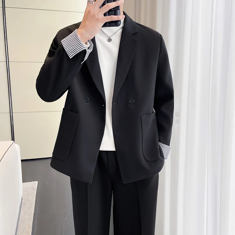 

Ele Bla Men's Suit Jaet Spring Autumn Host Faion Casual Long Sve Stand Fit Youthful Energy Sle Polyester Blend