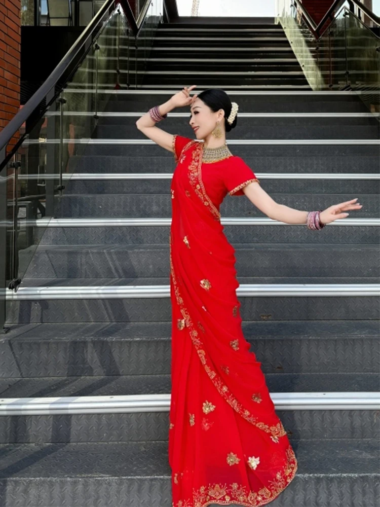 Red Indian Dance Costume Bollywood Dance Stage Performance Clothing Female Punjabi Costume Women Oriental Dance Clothes DQL10758