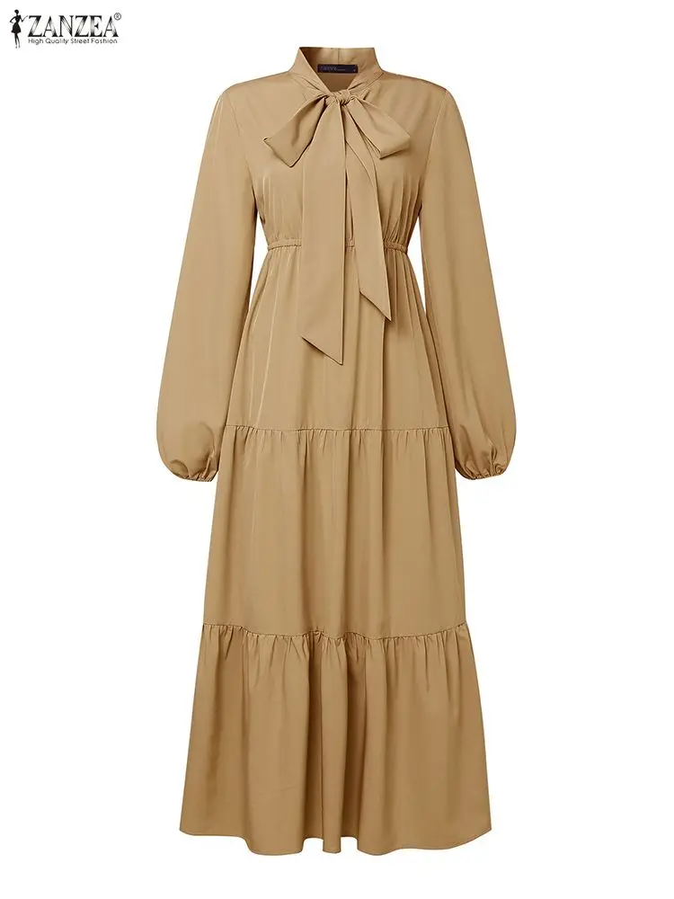 ZANZEA-vestidos de fiesta elegantes y modestos para mujer, hiyab musulmán con lazo y manga acampanada, vestido largo escalonado, ropa de Ramadán Eid 3XL