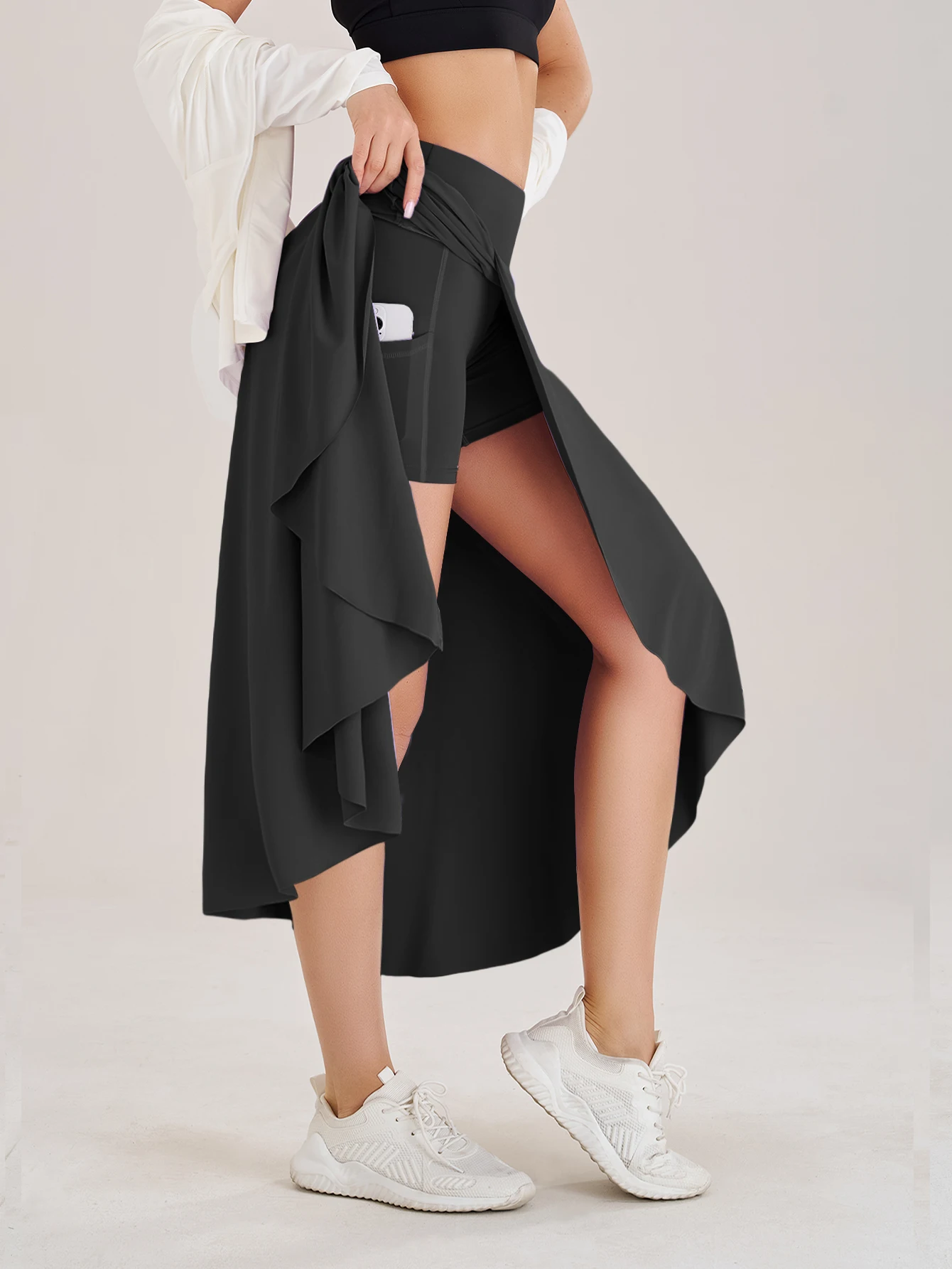 Lady Yoga Tennis Skorts Shorts with Side Pockets and an Opening at the Waist Long dress Fitness Sportswear Workout For Women