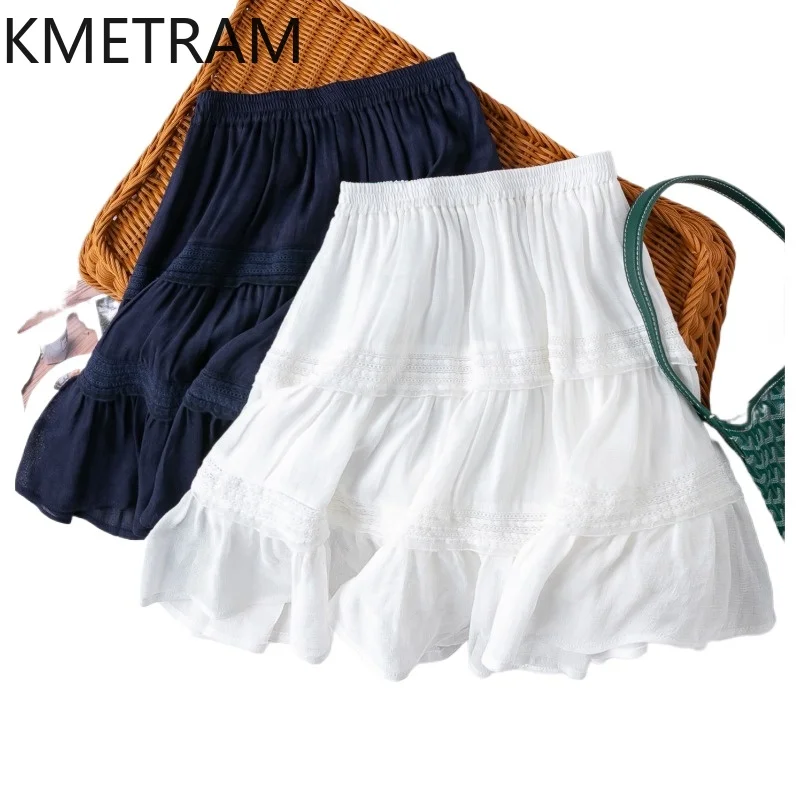 KMETRAM 50% Mulberry Silk 50% Linen Women's Skirts Elastic Waist Mini Skirt  A-Line Skirts with Lining Summer Woman Clothes 2026