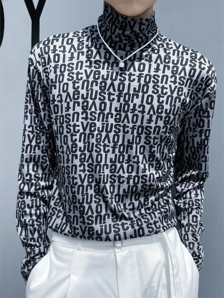 Ins Trendy Men's High Neck Long Sleeve T Shirt Plaid Multi Color Printed Slim Fit Base Layer Top Versatile Casual