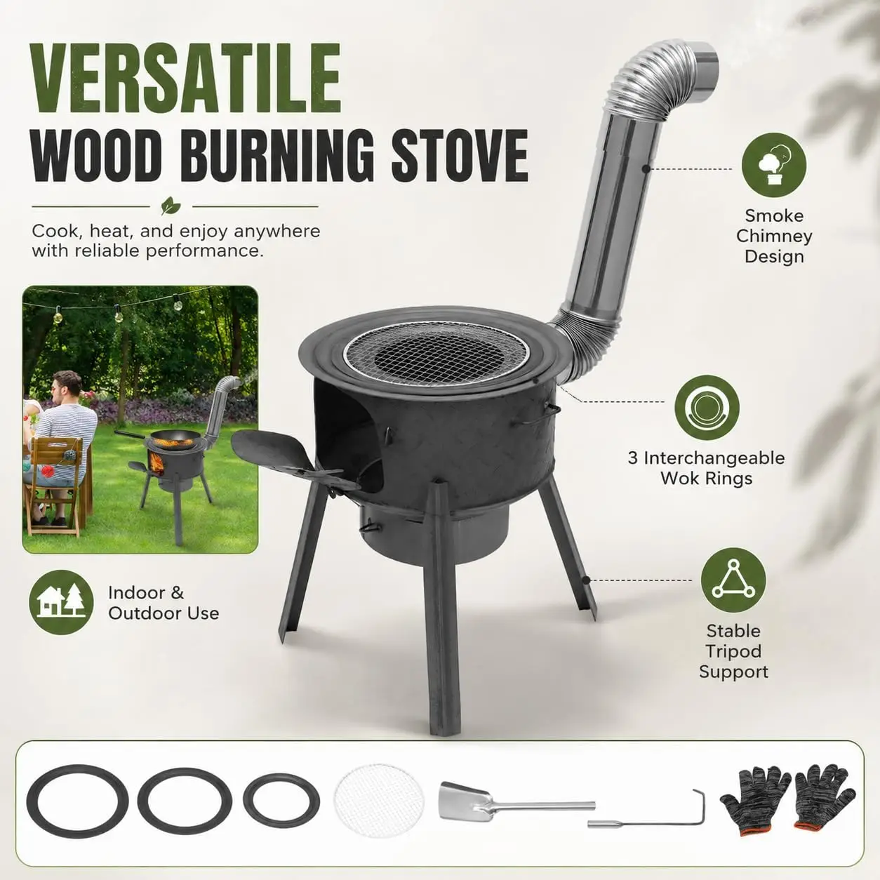 Heavy Duty Steel Portable Wood Burning Camp Stove, Multifunction Outdoor Cooker for BBQ, Camping & Garden, 220LBS Capacity, 3 Wok Rings & Chimney, Fits 9.84-17.72in Cookware