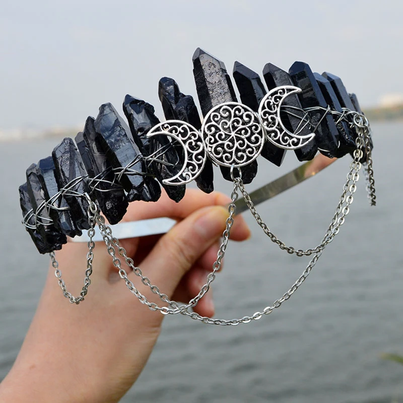 Women Raw Crystal Tiara Headband Moon Goddess Natural Rhinestone Witch Crown Wedding Photography Hair Band with Metal Chain