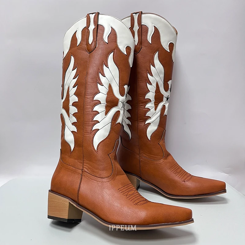 IPPEUM Western Cowboy Boots For Women Firebird Embroidery Leather Knee High Boot Country Western Brown Cowgirl Shoes Plus Size44