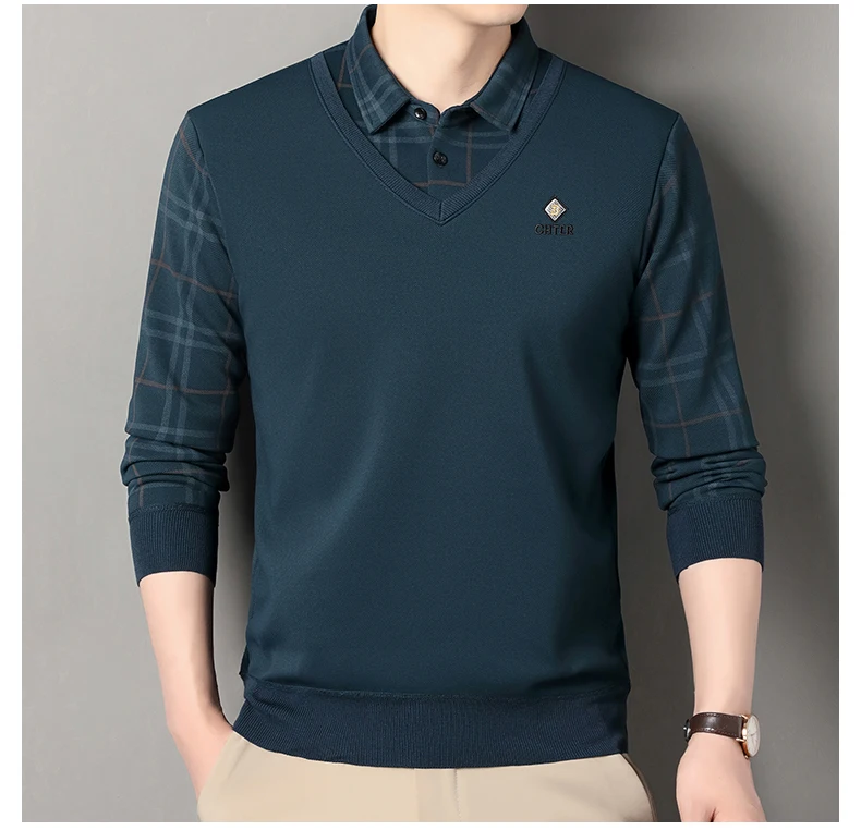 Herren Plaid Pullover Fleece Pullover Slim Fit Elegante Luxus Marke Gefälschte Zwei Stücke Gestrickte Pullover – Detail 9