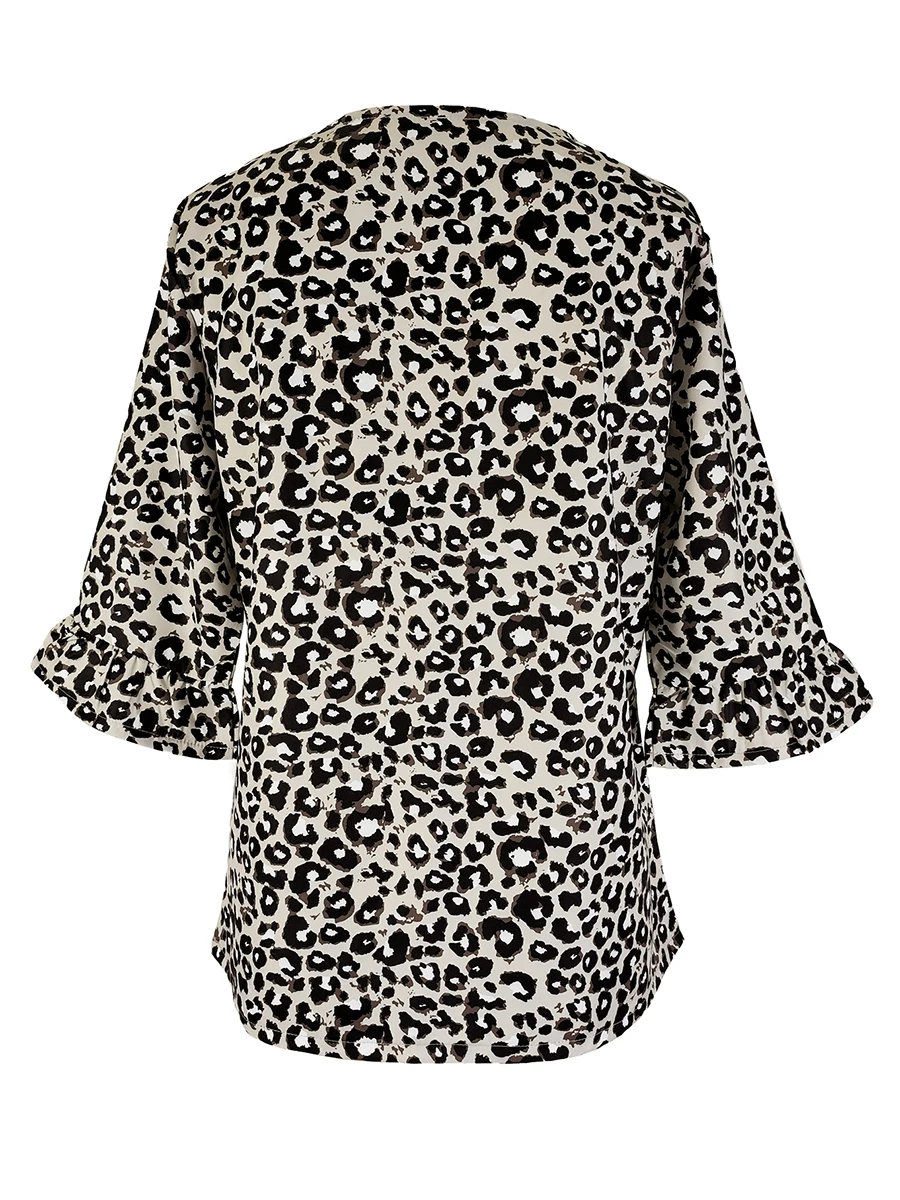 Neueste Übergröße Damen Leopardenmuster Bluse V-Ausschnitt Halber Rüschenärmel Lässiger Loser Pullover Elegante Modische Tunika-Oberteile – Detail 4