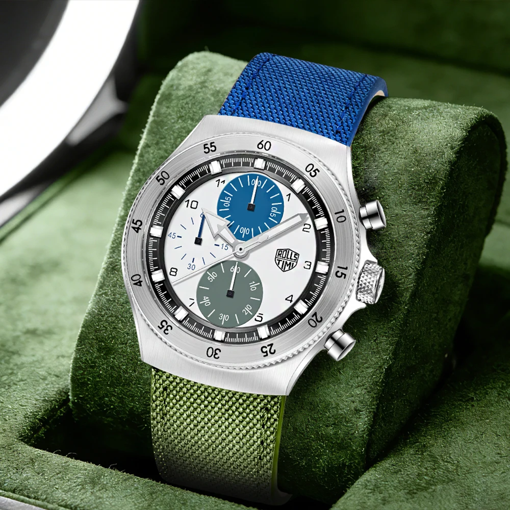

Мужские часы RollsTimi2026, модные кварцевые часы, спортивный хронограф VD55, сапфировое стекло AR, двухцветный нейлоновый ремешок.