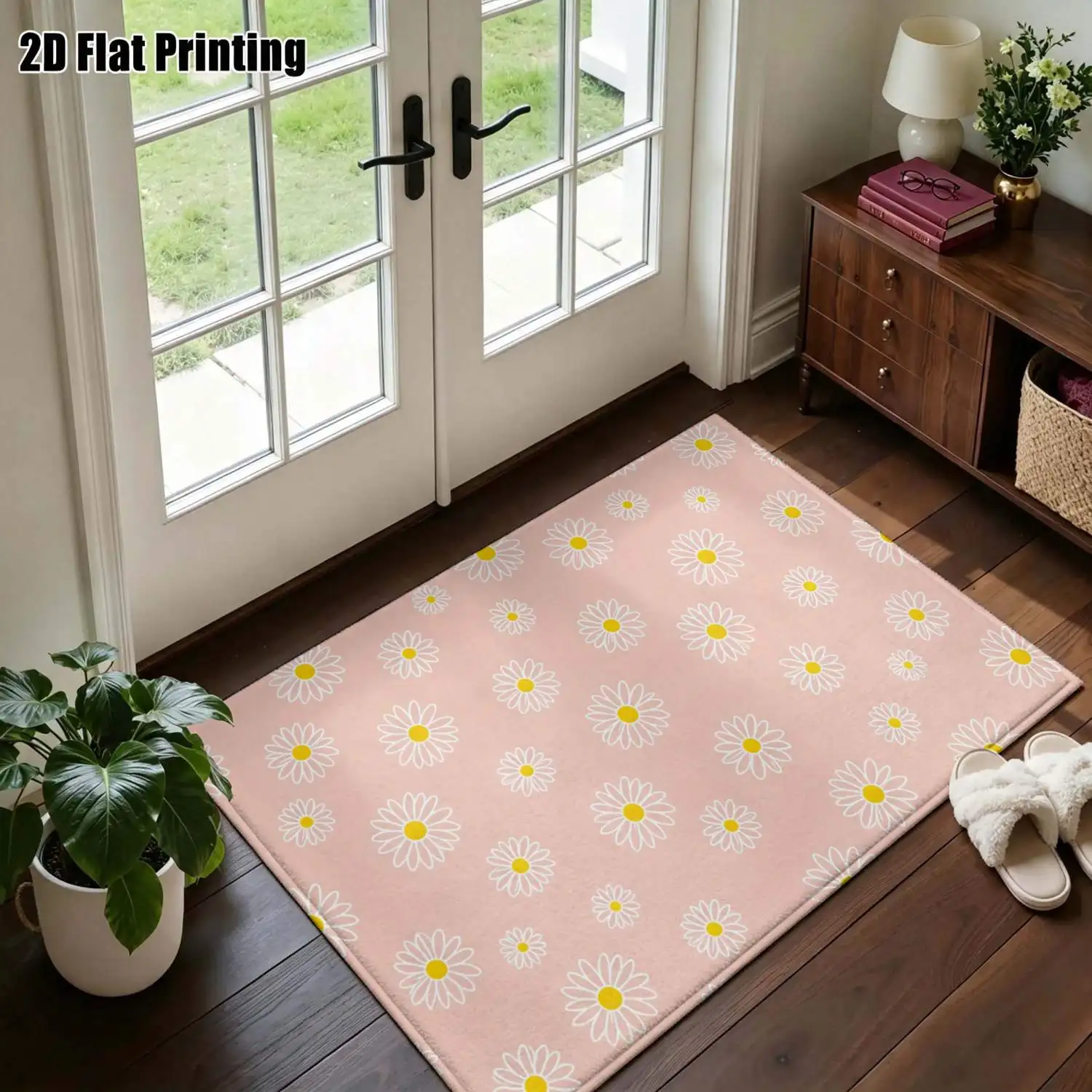 1Pc 2D Printed Light Pink Daisy Carpet, Instagram-Style Floor Mat, Modern Simple Home Decor, Multi-Size, Machine Washable, for Entrance, Dining, Foyer, Bedroom, Study, Living Room