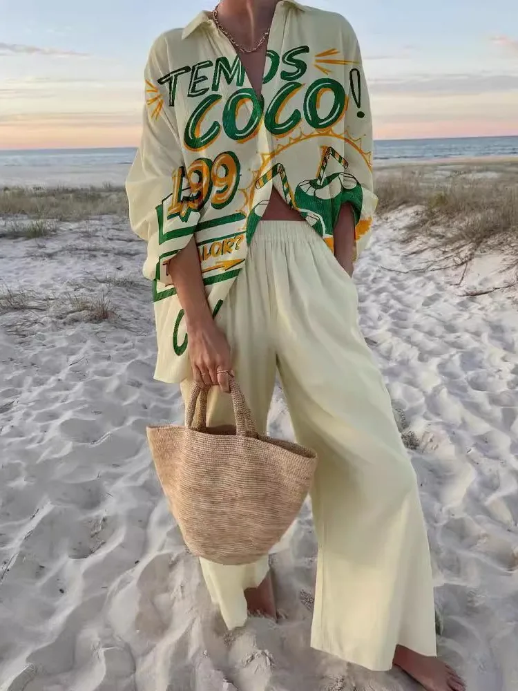 موضة التلبيب كم طويل واحدة الصدر قميص علوي + السراويل 2 قطعة مجموعة المرأة شاطئ البحر عطلة نمط طباعة دعوى أنثى عادية #3