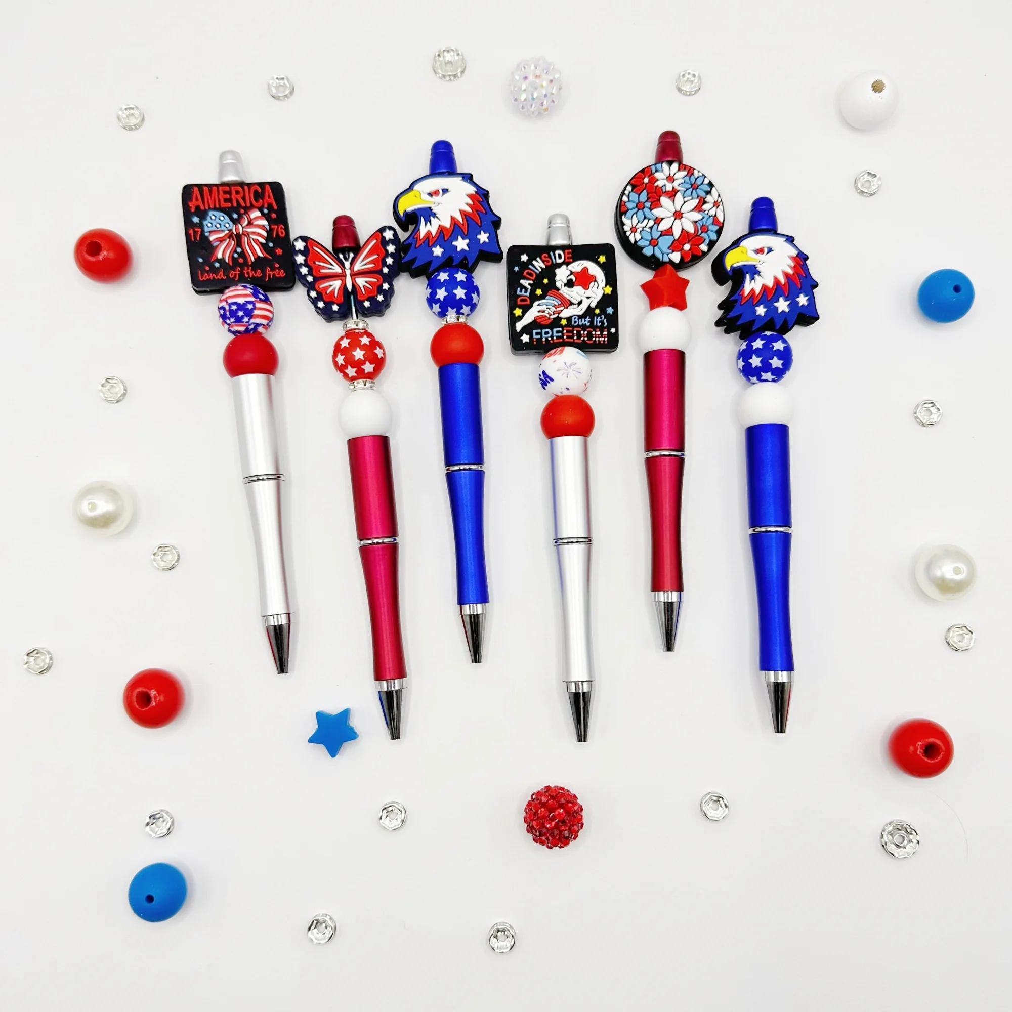 

6Pcs Independence Day American Flag Five-Pointed Star Theme DIY Beaded Pen Silicone Bead Set
