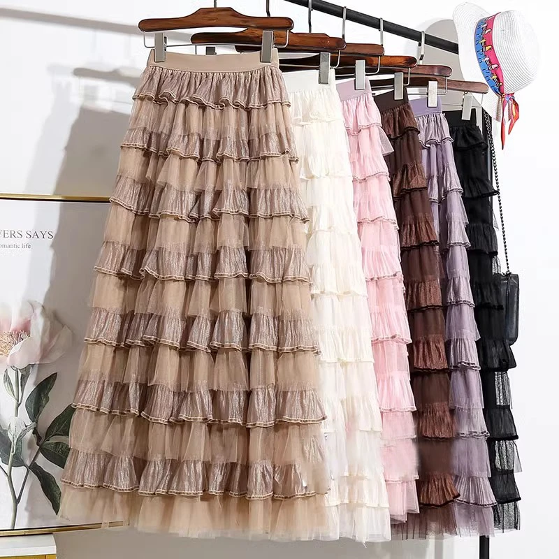 

Spring Sweet Ruffled Tiered Maxi Long Tutu Skirts Fungas Cakee Layered Pink Puplre Puff A-line Ankle Long Gauze Skirts