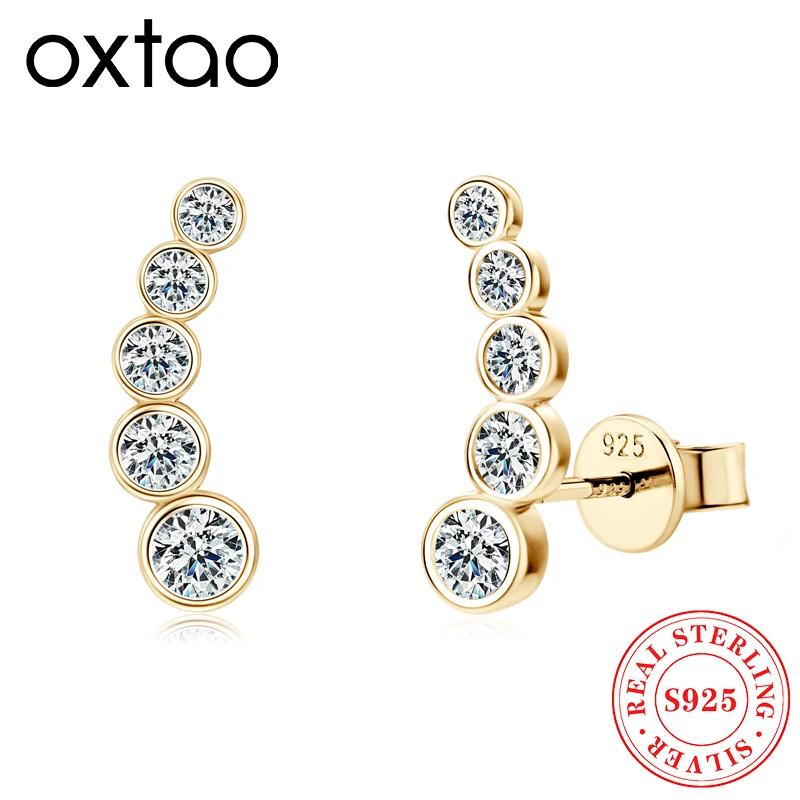OXTAO Bezel Moissanite Diamond Stud Earrings D Color For Women  Certified Real 925 Sterling Silver Gift Dating Fine Jewelry Climber Earring