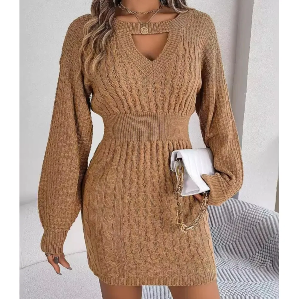 Autumn And Winter Solid Women's Knitted Fried Dough Twists Hollow Round Neck Pullover Lantern Sleeve Sexy Wrap Hip Wool Dress