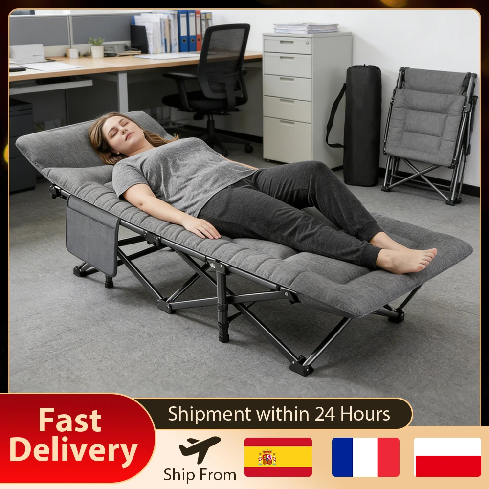 Lit de camping pliable avec oreiller et poche latérale, cadre en acier robuste pouvant supporter jusqu'à 200 kg, lit de repos portable pour la sieste au bureau