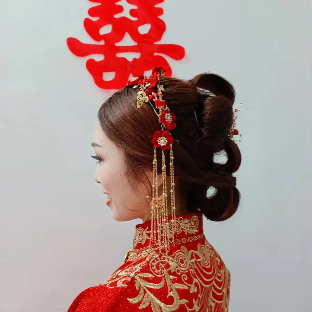 Chinese Red Flower Long Tassel Headband Earrings Set Handmade Traditional Gold Color Headwear Bridal Headdress Hair Accessories