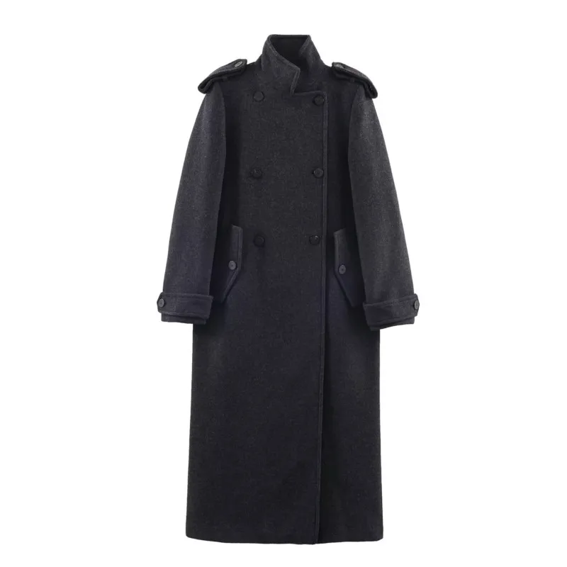 

Women Double Breasted Long Coat Autumn Winter Lapel Collar Long Sleeve Pockets Lady Overcoat Female Chic Outerwear