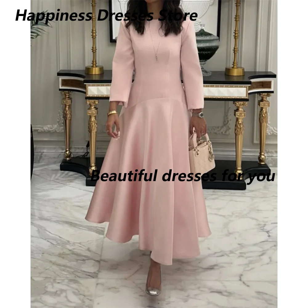 

Pink Evening Dress Customized O Neck Long Sleeves A-line Tea Length Jersey Saudi Arab Prom Gown Arabian Formal Dresses