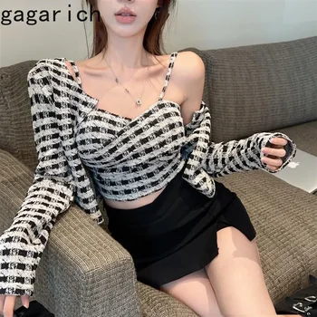 بدلة تباين ألوان منقوشة من gagaricha للنساء ، معطف أنيق برقبة دائرية ، أكمام طويلة ، تصميم متقاطع برقبة حرف V ، طقم حبال قصيرة ، جديد ،