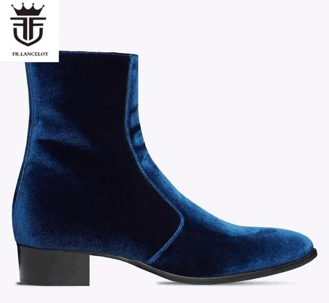 Hot sale men Blue velvet leather boots zip on casual ankle roma booties male party shoes rivets stud mens point toe boot western