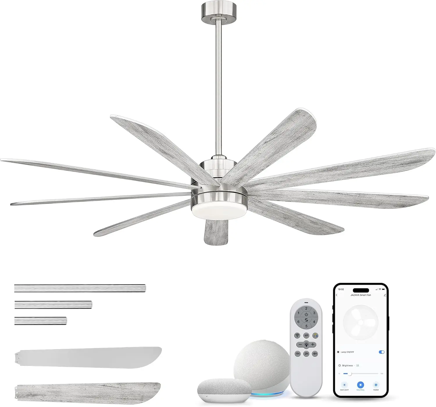 72 inch Large Ceiling Fans with Lights, Modern Ceiling Fan for Kitchen Living Room, 9 Blades Dual Nickel & White Walnut Ceiling