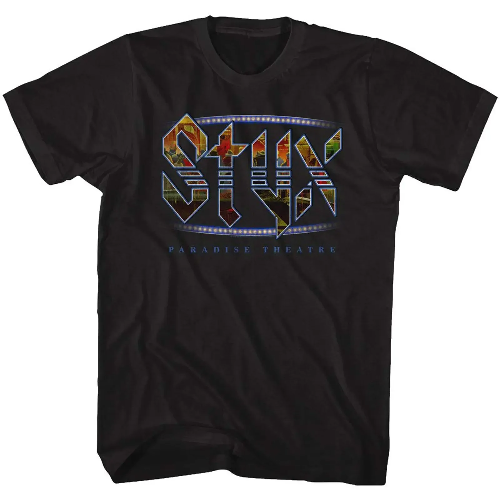 Camiseta negra para adultos de la banda de rock Styx, álbum Paradise Theatre de 1981, estilo vintage, lavada, versátil, elástica, unisex, informal, estilo streetwear.