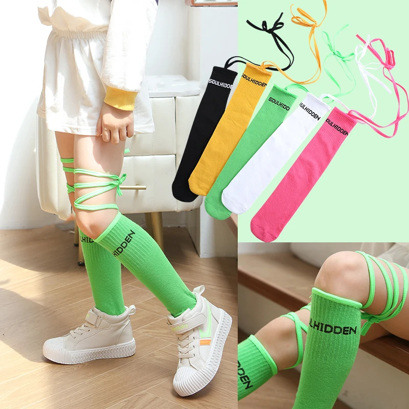 

baby Girls long Over Knee High Socks ribbon letter embroidery Socks for infant kids cotton keep warm colorful princess stockings