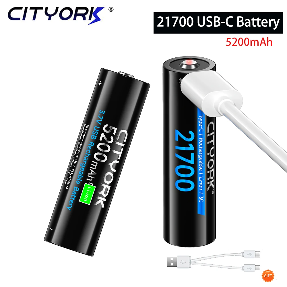 

21700 Battery 3.7V 5200mAh High Discharge USB Rechargeable Lithium Battery with Type-C 5V/2A Fast Charging Cable for Flashlight