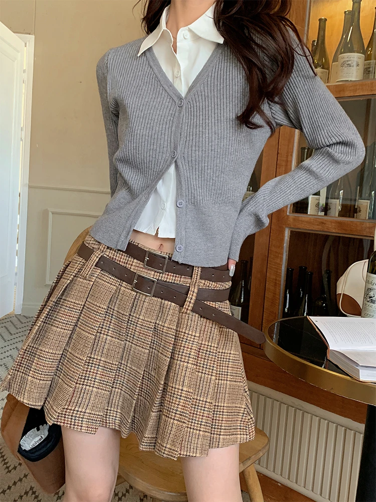 

Женская повседневная короткая плиссированная юбка с высокой талией в клетку, в корейском стиле, А-силуэт, бренд Bubble Yang, полиэстер