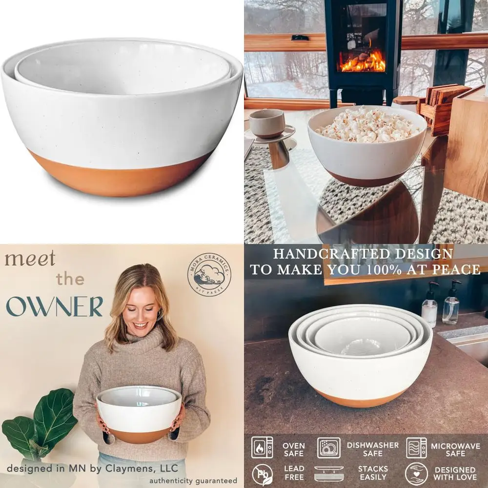 

ceramic large mixing bowls - set of 2 nesting bowls for cooking, serving, popcorn, salad etc - microwavable kitchen stoneware,