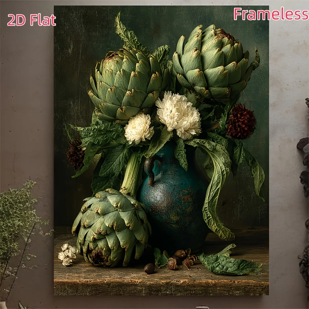 Vintage Botanical Artichoke Still Life Canvas Print - Dark Moody Vegetable Art Poster, Frameless Kitchen Wall Decor Suitable for