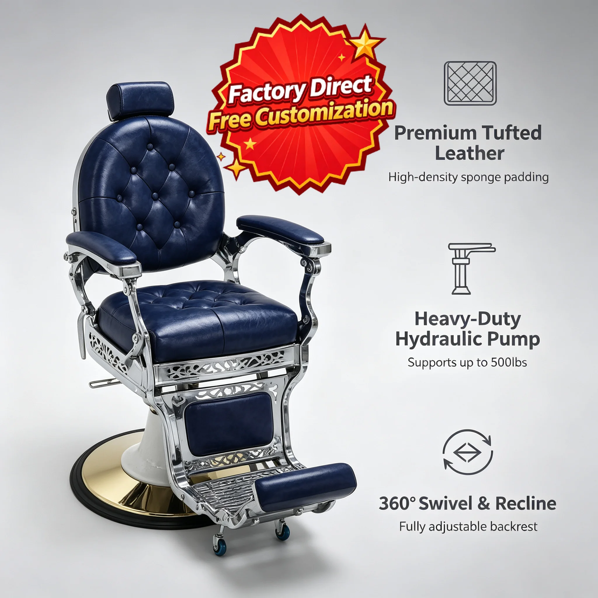 Vintage Hydraulic Barber Chair Heavy Duty Reclining Tufted Leather 360 Swivel Salon Chair with Footrest for Barber Shop