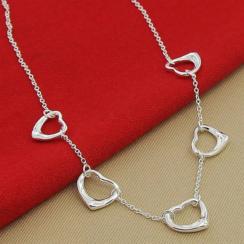 

925 Sterling Silver Five Heart Pendant Necklace For Women Engagement Wedding Fashion Charm Jewelry