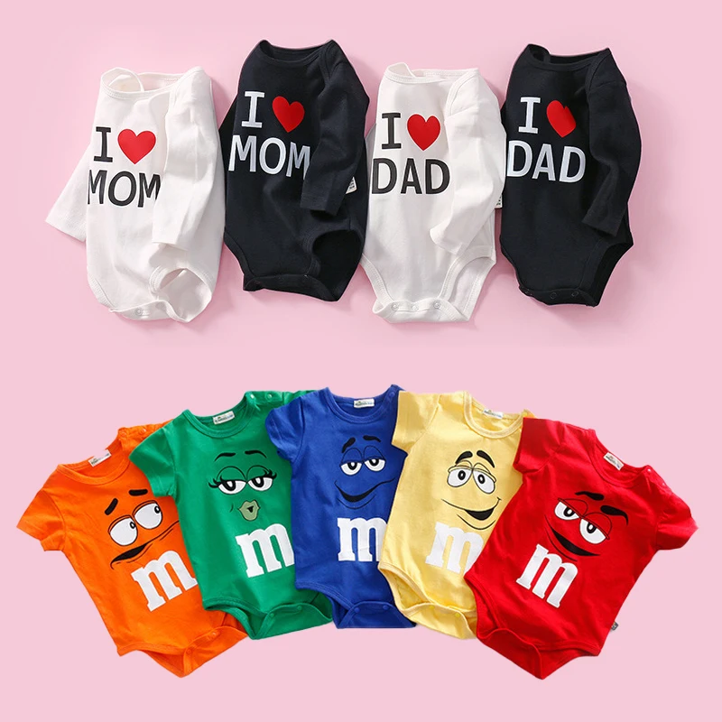 Recém-nascido M-Bean Bodysuit dos desenhos animados, roupas de bebê, roupas esportivas casuais, eu amo papai mamãe, bonito triângulo Romper, 0-24month, verão