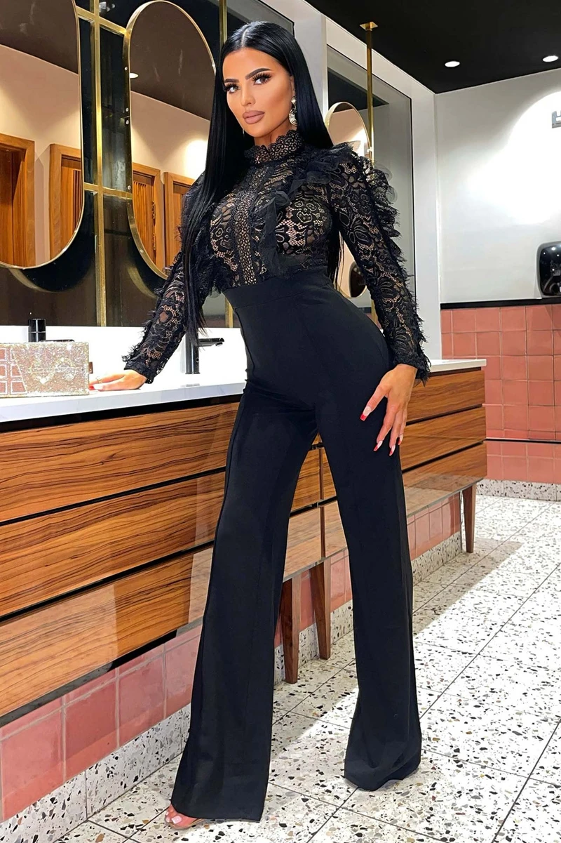 Elegant Lace Stiching Patchwork Wedding Evening Jumpsuit Long Sleeve Ruffle Sexy See Through One Pieces Party Overalls Rompers
