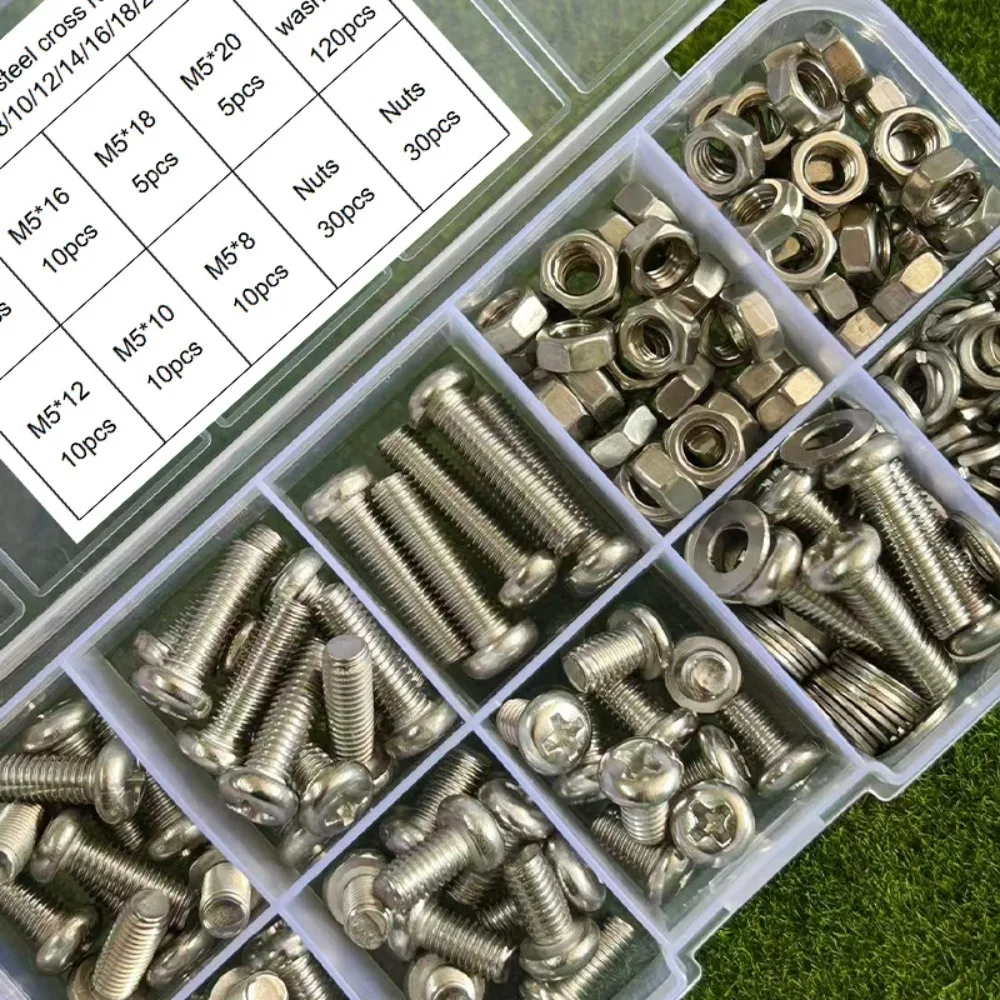 240-Piece Set of M5 Stainless Steel Phillips Head Bolts and Nuts (8/10/12/14/16/18/20mm), for Home Repairs and DIY.