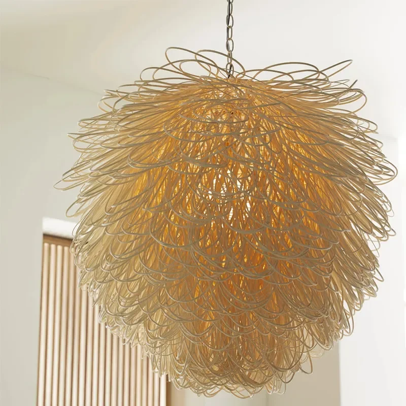 Retro Rattan Woven Sphere Chandelier Bamboo Bird Nest Pendant Light for Restaurant Bar Hotel Decor